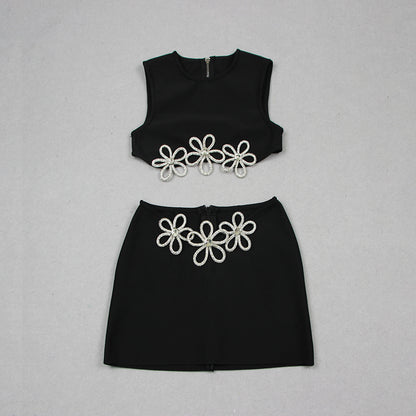 Women's Fashion Cutout Sleeveless Rhinestone Top Skirt Suit Bandage