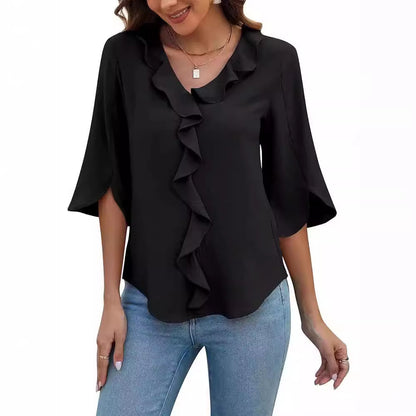 Lady Literature Leisure Commute All-matching Loose All-matching V-neck Flounce Shirt