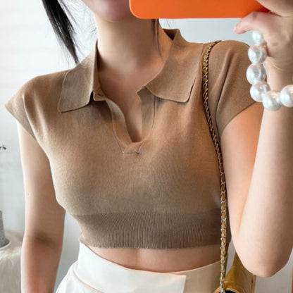 French Simple Polo Collar Short-sleeved Sweater Women Thin Section