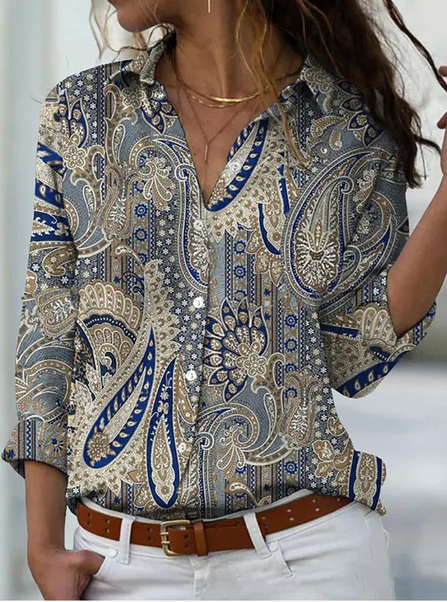 Long Sleeve Floral Collar Loose Casual Shirt