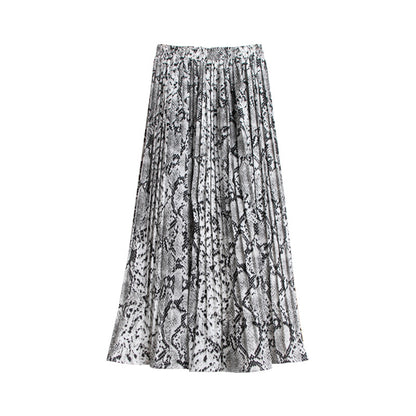 European And American Snake Print Pleated Skirt With High Waist And Slimming
