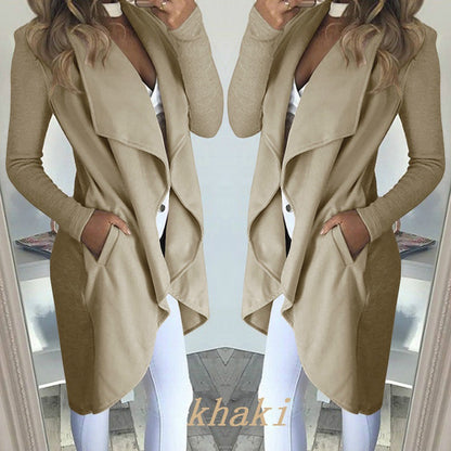 Women's Plus Size Solid Color Polo Collar Slim Fit Long Trench Coat