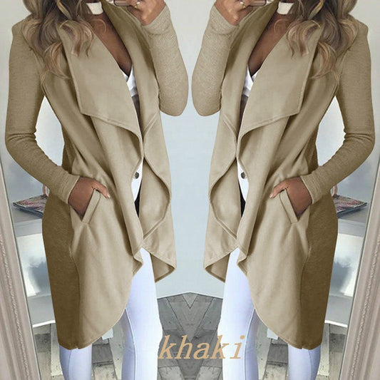 Women's Plus Size Solid Color Polo Collar Slim Fit Long Trench Coat