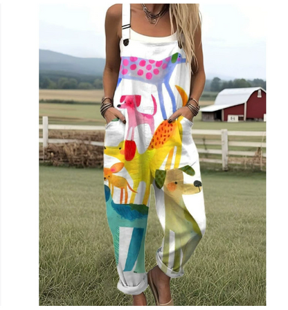 Female Digital 3D Printing Button Casual Suspender Trousers