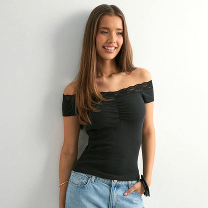 Solid Color Sleeveless Off-neck Lace Top