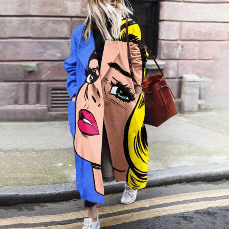 Women's Fashion Long Sleeve Turn-down Collar Coat Printed Woolen