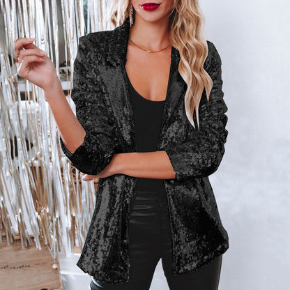 Lapel Long Sleeve Sequined Casual Suit Jacket Women