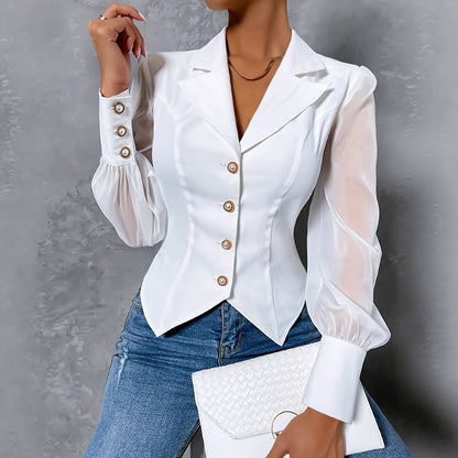 Single-breasted Mesh Sleeves Slim Top Sexy Lining