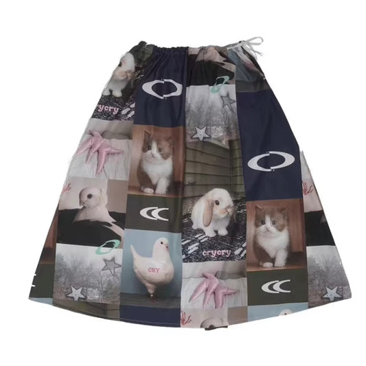 Rabbit Cat Printed Cute A Pendulum Length Skirt