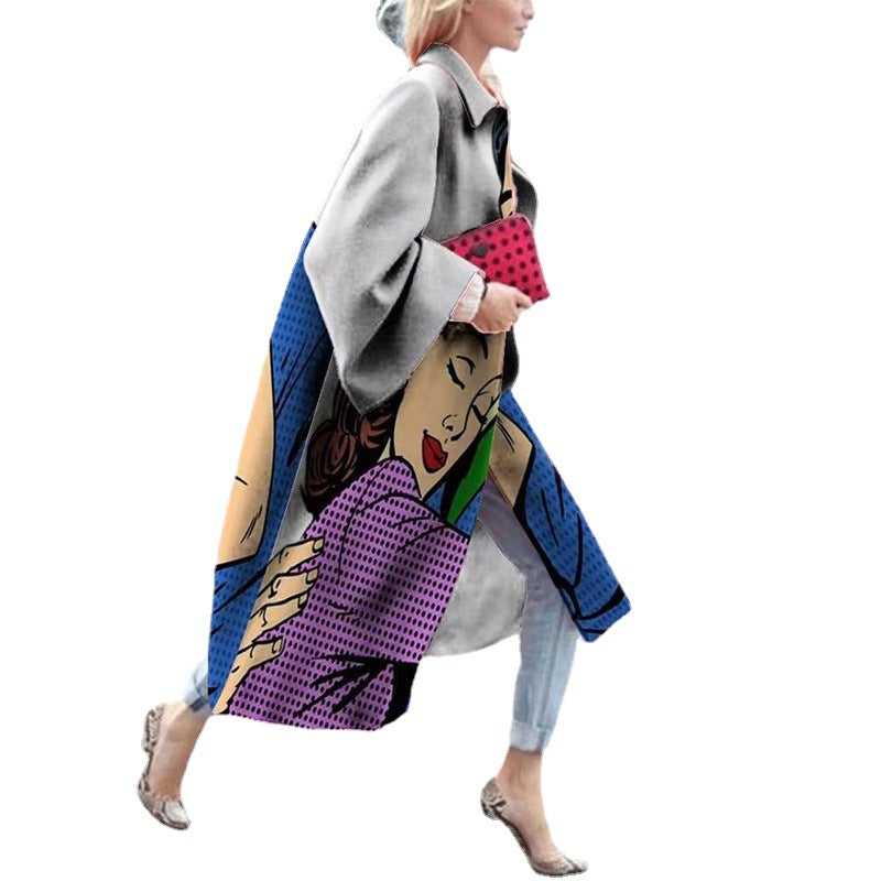 Women's Fashion Long Sleeve Turn-down Collar Coat Printed Woolen