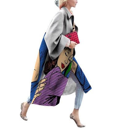 Women's Fashion Long Sleeve Turn-down Collar Coat Printed Woolen