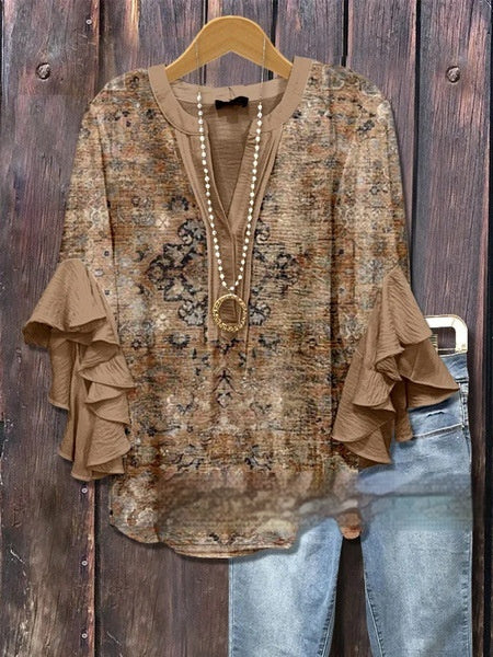 Women's V-neck Fashion Lotus Sleeve T-shirt
