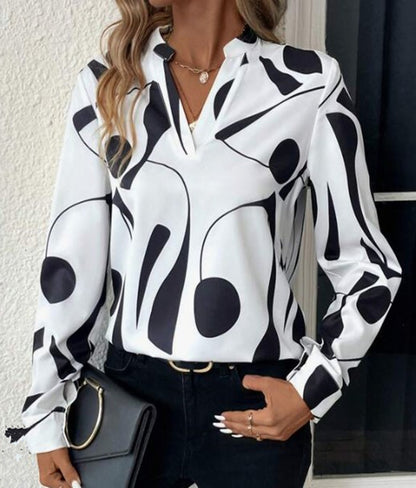 V-neck Long Sleeve Slimming Printed Stand Collar Shirt