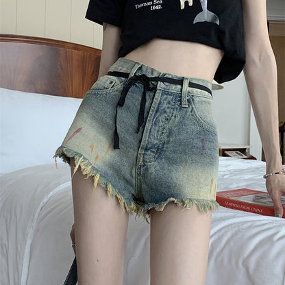Women's Summer High Waist Vintage Raw Edge Denim Shorts