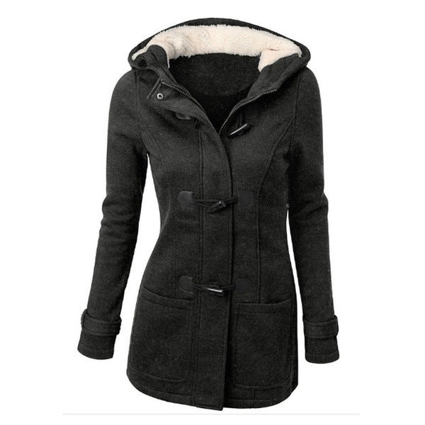 Women Warm Hooded Wool Double Button Coat