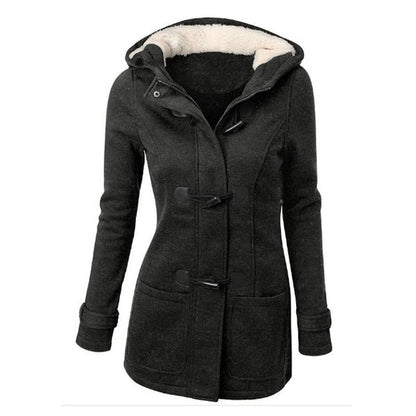 Women Warm Hooded Wool Double Button Coat