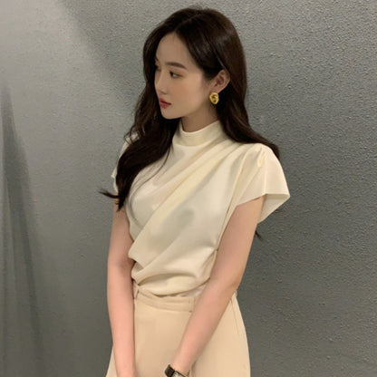 Women's Stand Collar Oblique Pleated Shirt Top