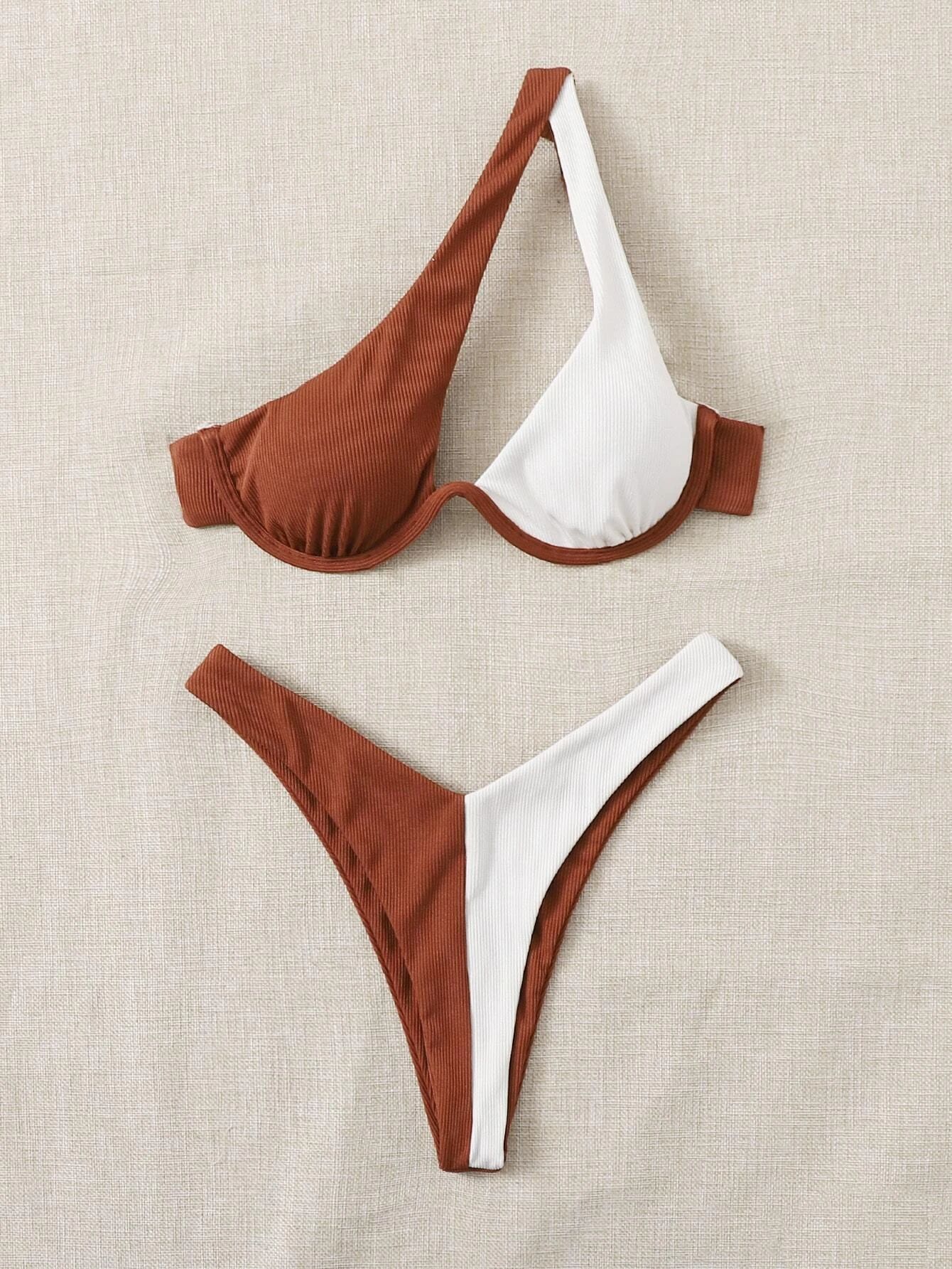 Ladies Split Swimsuit Solid Color One Shoulder Underwire Bikini