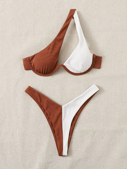 Ladies Split Swimsuit Solid Color One Shoulder Underwire Bikini