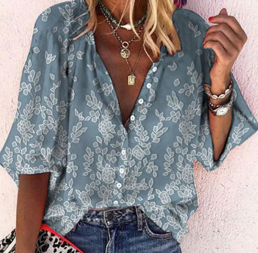 Fashion V-neck 3d Floral Printed Long-sleeved Top