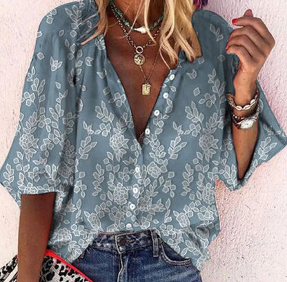 Fashion V-neck 3d Floral Printed Long-sleeved Top