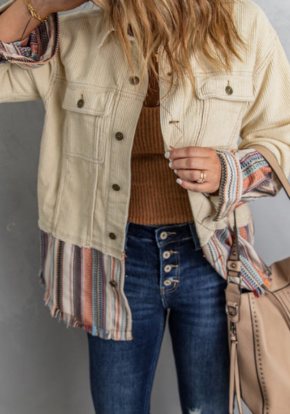Button Up Pockets Striped Color Block Corduroy Jacket