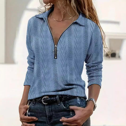 Lapel Solid Color Texture Series Zipper Women's Top