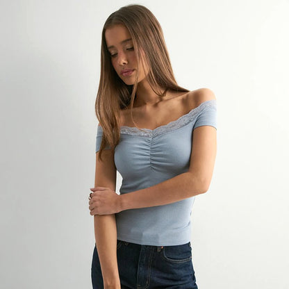 Solid Color Sleeveless Off-neck Lace Top