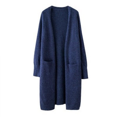 Mid-length Sweater Women's Solid Color V-neck Knitted Jacket