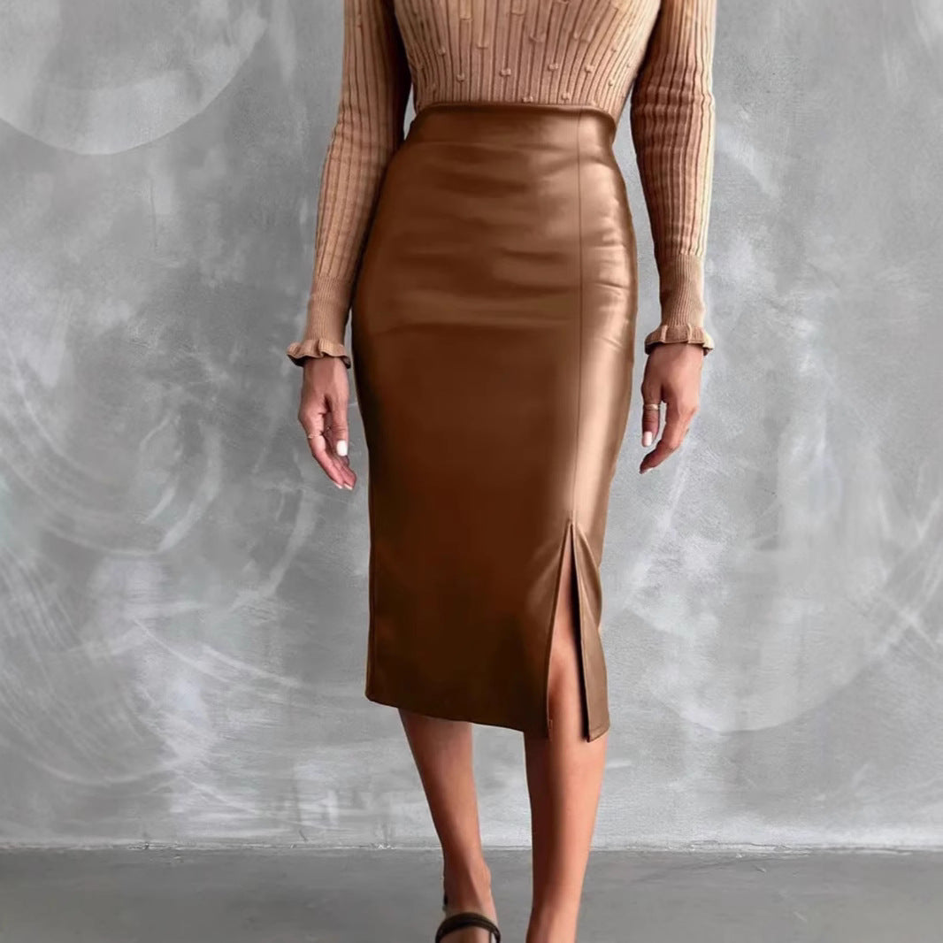 High Waist Slimming All-matching Hip Split PU Leather Skirt