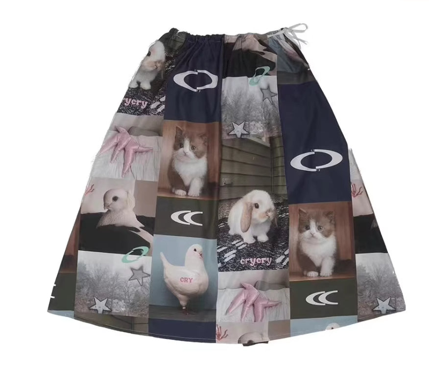 Rabbit Cat Printed Cute A Pendulum Length Skirt