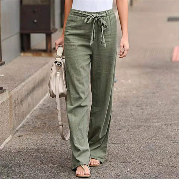 European And American Cotton And Linen Casual Wide-leg Pure Color Elastic Waist Lace-up Loose Women's Trousers