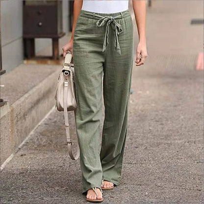 European And American Cotton And Linen Casual Wide-leg Pure Color Elastic Waist Lace-up Loose Women's Trousers