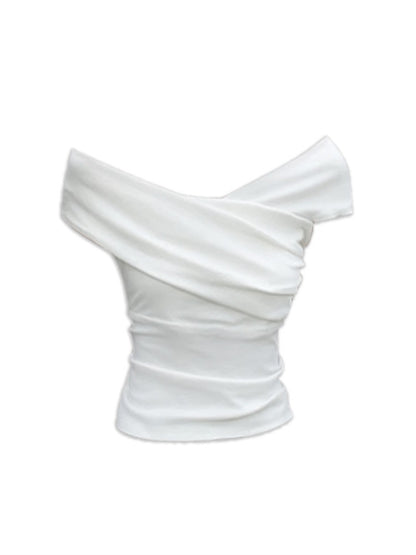 White Irregular Off-shoulder Short Sleeve T-shirt Women