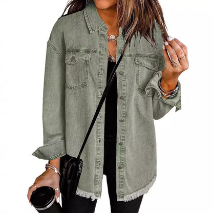 Washed Denim Shirt Women's Personalized Street Style Frayed Hem Coat