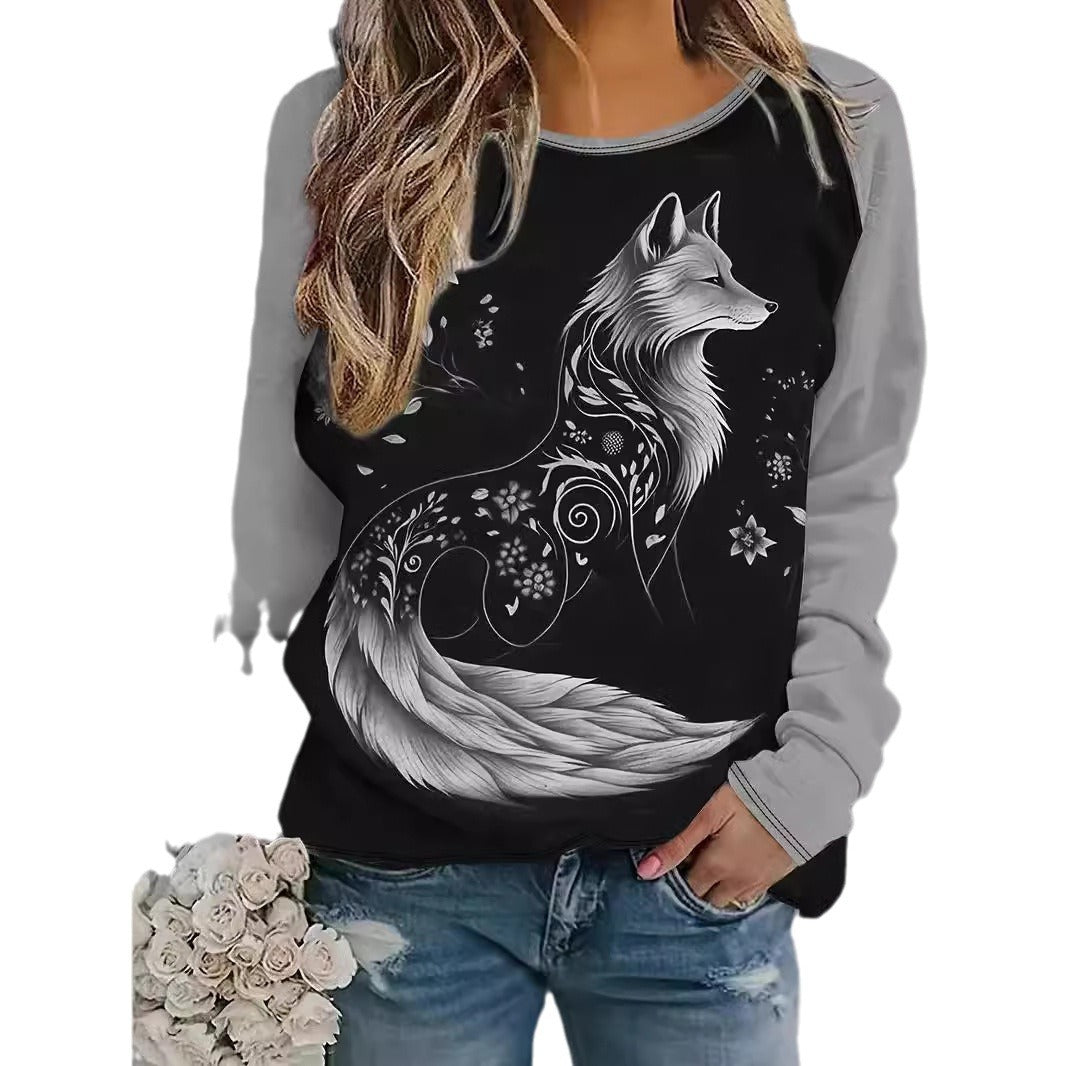 Contrast Color Fox Print Pattern Round Neck Long Sleeve T-shirt