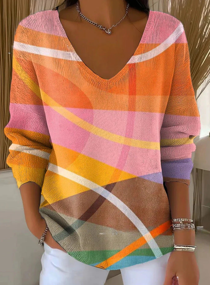 Printed Women's Gradient Color V-neck Long-sleeved T-shirt