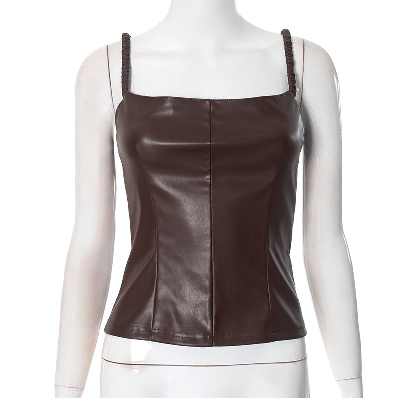Women's Leather Spaghetti Straps Sleeveless Top