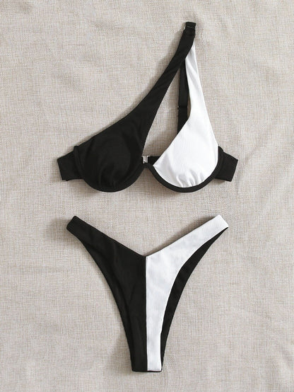 Ladies Split Swimsuit Solid Color One Shoulder Underwire Bikini