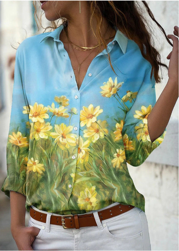 Long Sleeve Floral Collar Loose Casual Shirt