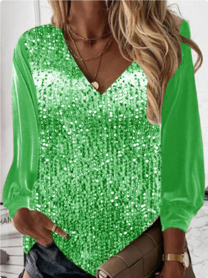 Women's V-neck Loose Gold Velvet Sequined Long Sleeve