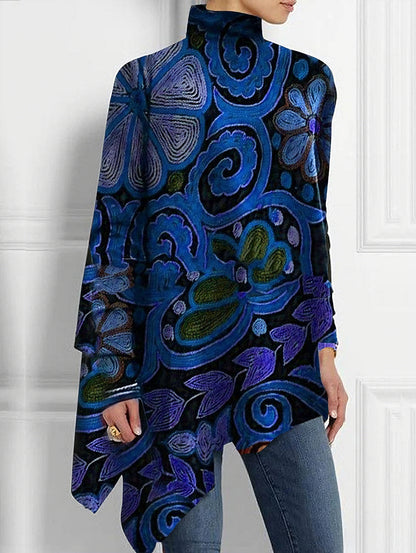 Turtleneck Allover Floral Print Asymmetrical Hem Top