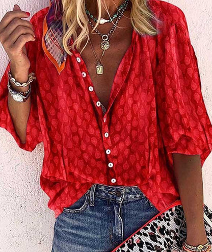 Fashion V-neck 3d Floral Printed Long-sleeved Top