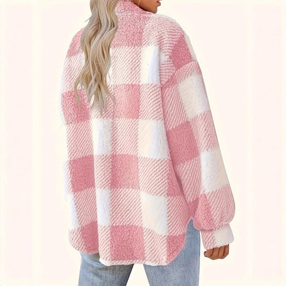Plush Plaid Women's Autumn And Winter Open Button Lapel Thermal Plaid Pattern Jacket