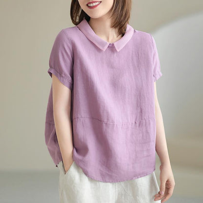 Women's Fashion Casual Loose Cotton And Linen Short Sleeve Stitching Shirt