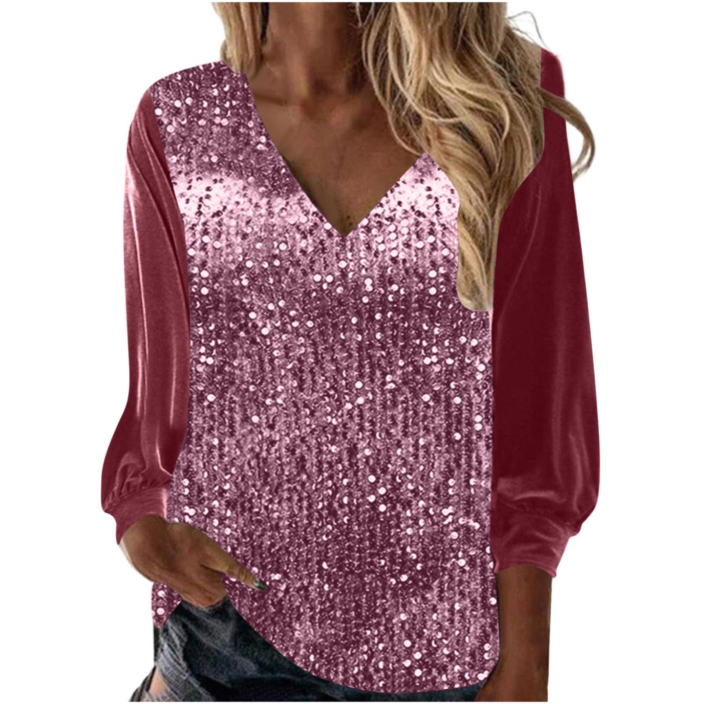 Women's V-neck Loose Gold Velvet Sequined Long Sleeve