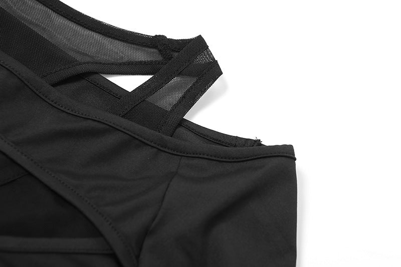 Women's Fashion Mesh Stitching Long Sleeve Hollow Out Slim Fit Midriff-baring Jumpsuit