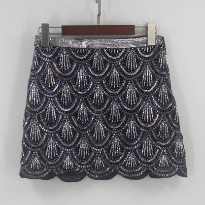 Heavy industry sequin wave edge hip hugging short skirt and half body skirt
