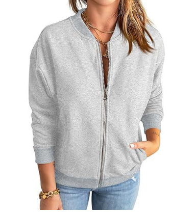 Women's Solid Color Zipper Jacket Coat Fashion Casual Cardigan Long Sleeve Stadiumjumper