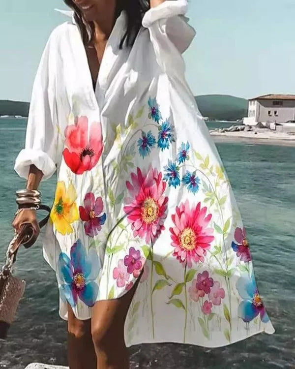 Women's Casual Loose Lapel Midi Shirt Dress